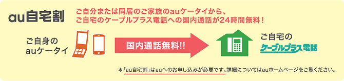 【au自宅割】ご自分または同居のご家族のauケータイから、ご自宅のケーブルプラス電話への国内通話が24時間無料！